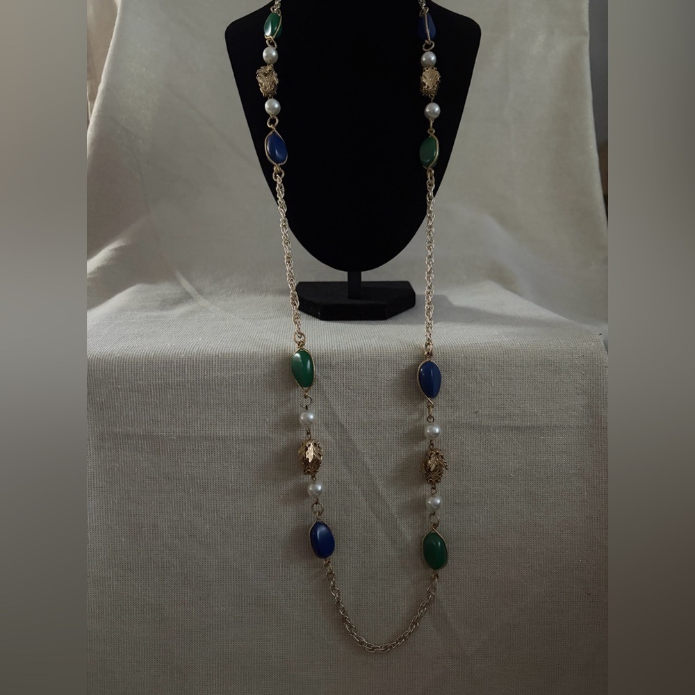 Gold Chain Necklace with Blue & Green Accents